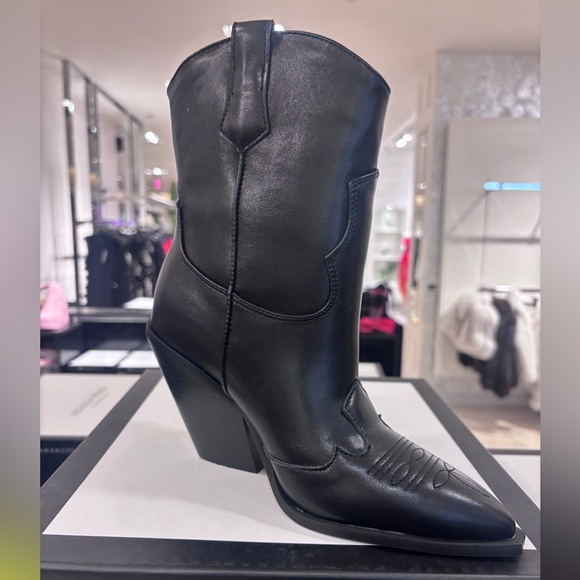 Azalea Wang Shoes - Black Leather Women's Cowboy boot FALL SALE